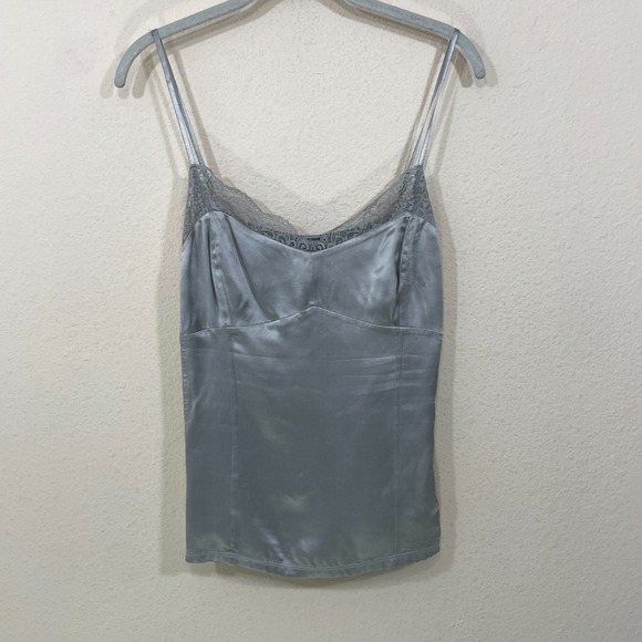 Ann Taylor Size M Satin Shell Cami Top Lace Trim Strappy Silver Gray Y2K Babydol - Picture 1 of 5